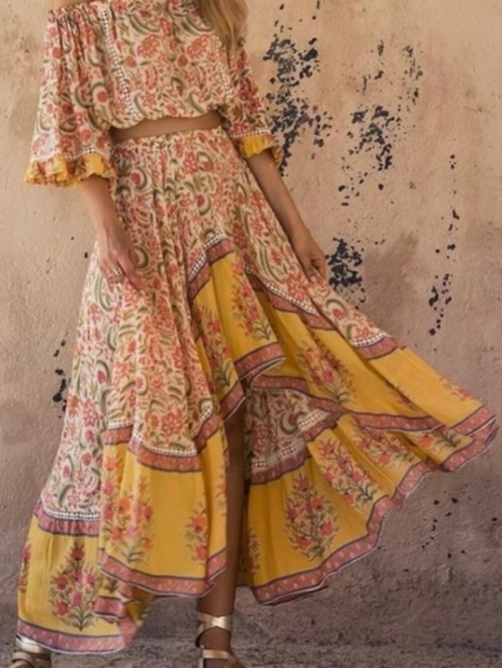 Miss June Bohemian Floral Asymmetrical Sequin Maxi Skirt in Yellow Size L
